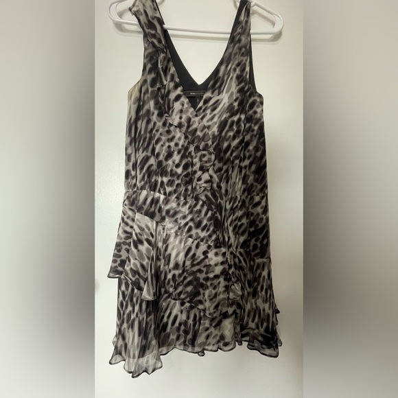 BCBG Max Azria 100% Silk Black Leopard Print Cocktail Party Ruffle Dress Sheath - Picture 1 of 2